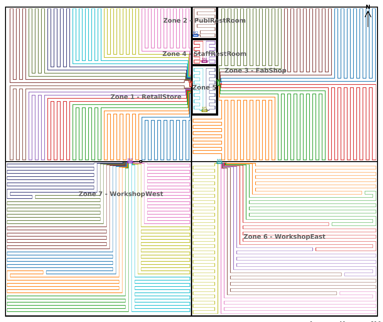 A radiant floor layout: seven zones of tubing loops